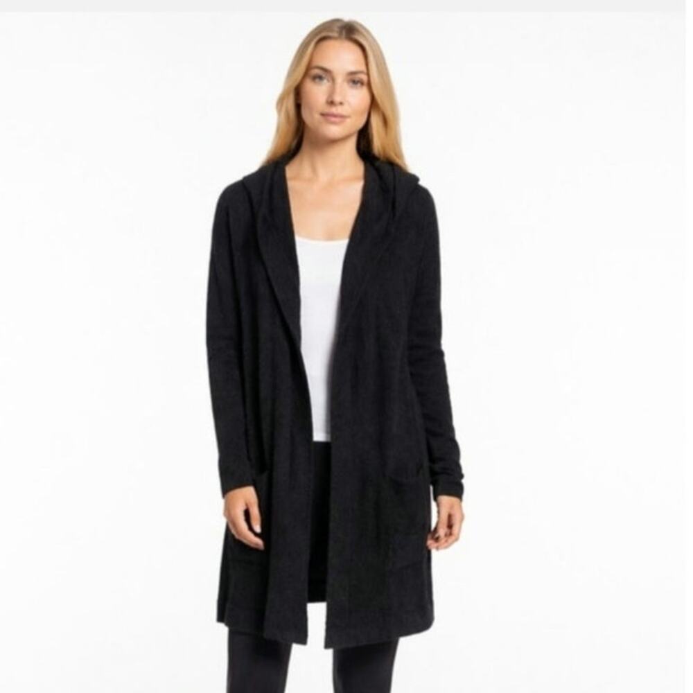 Barefoot Dreams Cozy Chic Ultra Lite Rib Knit Hooded Cardigan Sweater Black 1X